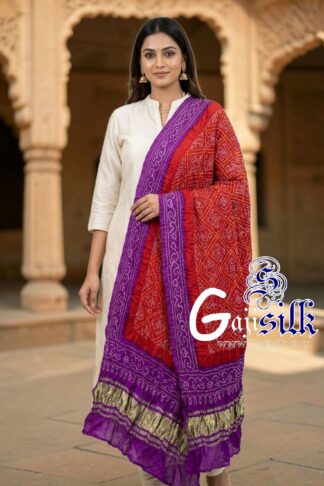 Magenta Red Bavan Baug Bandhani Dupatta in Pure Gaji Silk