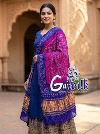 Blue Pink Bavan Baug Bandhani Dupatta in Pure Gaji Silk