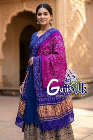Blue Pink Bavan Baug Bandhani Dupatta in Pure Gaji Silk