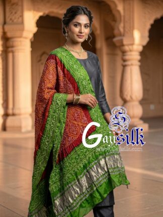 Parrot Marron Bavan Baug Bandhani Dupatta in Pure Gaji Silk