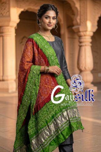 Parrot Marron Bavan Baug Bandhani Dupatta in Pure Gaji Silk