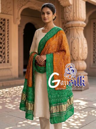 Rama Mustard Bavan Baug Bandhani Dupatta in Pure Gaji Silk
