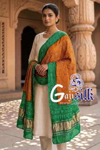 Rama Mustard Bavan Baug Bandhani Dupatta in Pure Gaji Silk
