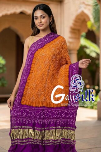 Magenta Mustard Bavan Baug Bandhani Dupatta in Pure Gaji Silk