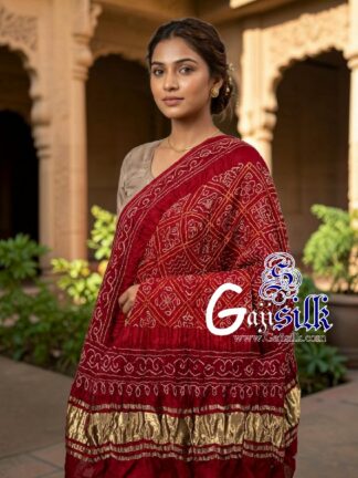 Blood Red Bavan Baug Bandhani Dupatta in Pure Gaji Silk
