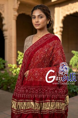 Blood Red Bavan Baug Bandhani Dupatta in Pure Gaji Silk