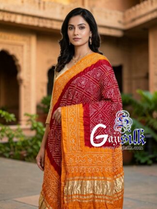 Golden Red Bavan Baug Bandhani Dupatta in Pure Gaji Silk