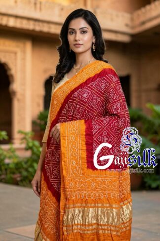 Golden Red Bavan Baug Bandhani Dupatta in Pure Gaji Silk