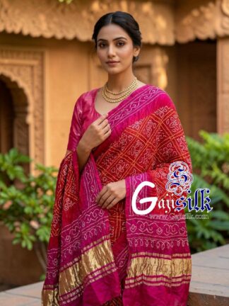Pink Red Bavan Baug Bandhani Dupatta in Pure Gaji Silk
