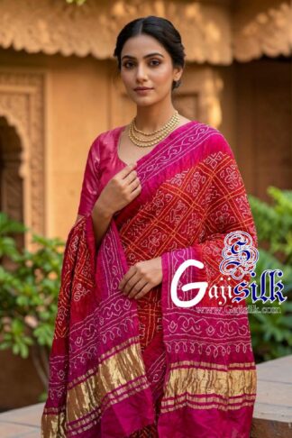 Pink Red Bavan Baug Bandhani Dupatta in Pure Gaji Silk