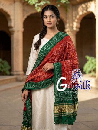 Green Red Bavan Baug Bandhani Dupatta in Pure Gaji Silk