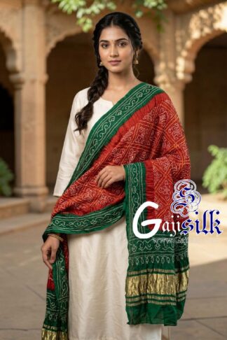 Green Red Bavan Baug Bandhani Dupatta in Pure Gaji Silk