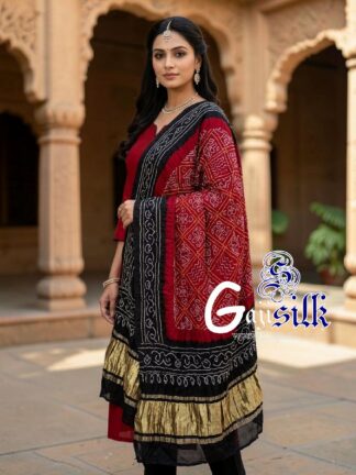 Black Blood Red Bavan Baug Bandhani Dupatta in Pure Gaji Silk