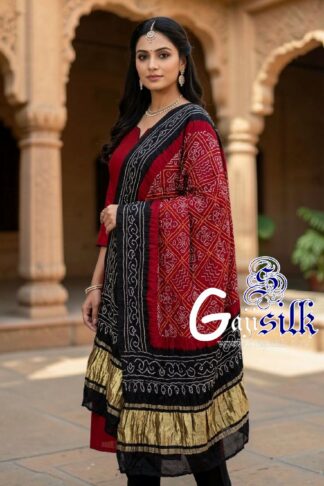 Black Blood Red Bavan Baug Bandhani Dupatta in Pure Gaji Silk