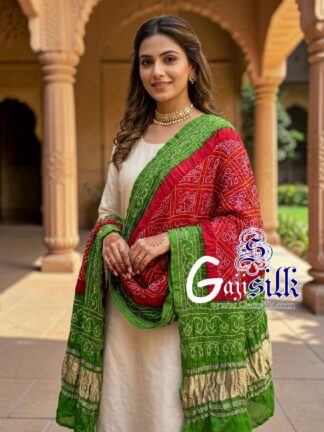 Parrot Red Bavan Baug Bandhani Dupatta in Pure Gaji Silk