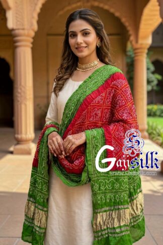 Parrot Red Bavan Baug Bandhani Dupatta in Pure Gaji Silk