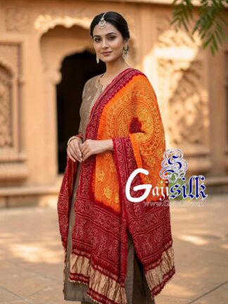 Red Golden Ras Mandal Bandhani Dupatta in Pure Gaji Silk