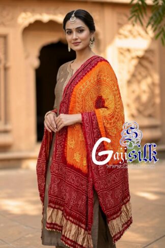 Red Golden Ras Mandal Bandhani Dupatta in Pure Gaji Silk