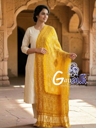 Mustard Yellow Ras Mandal Bandhani Dupatta in Pure Gaji Silk