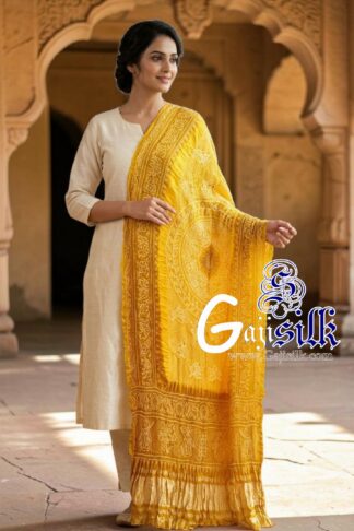 Mustard Yellow Ras Mandal Bandhani Dupatta in Pure Gaji Silk