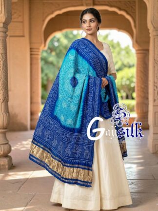 Blue Sky Ras Mandal Bandhani Dupatta in Pure Gaji Silk