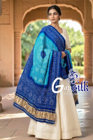 Blue Sky Ras Mandal Bandhani Dupatta in Pure Gaji Silk