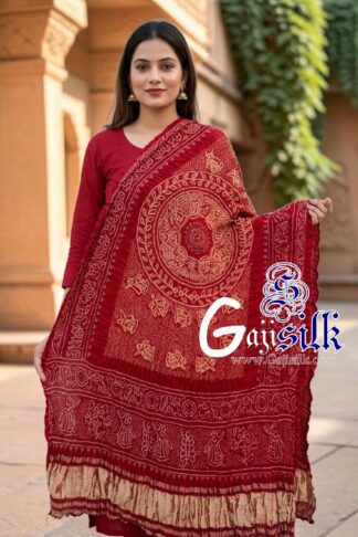 Bridal Red Ras Mandal Bandhani Dupatta in Pure Gaji Silk