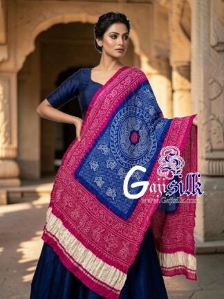 Pink Blue Ras Mandal Bandhani Dupatta in Pure Gaji Silk