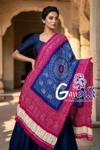Pink Blue Ras Mandal Bandhani Dupatta in Pure Gaji Silk