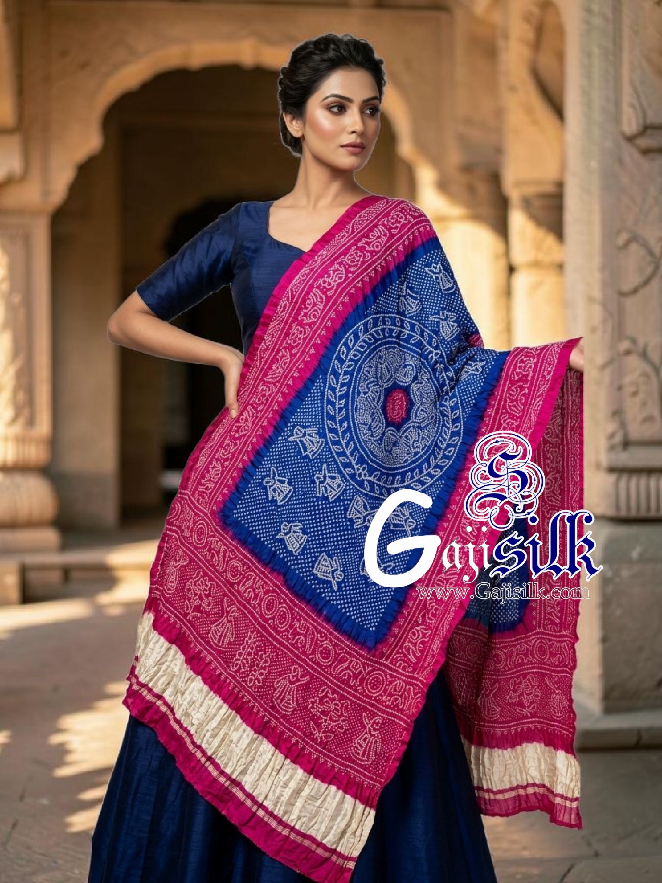 Pink Blue Ras Mandal Bandhani Dupatta in Pure Gaji Silk