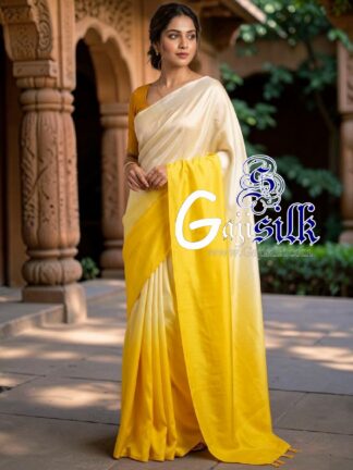 Pale Lemon Yellow Lavender Ombre Plain Saree Ultra-Lightweight in Pure Gaji Silk
