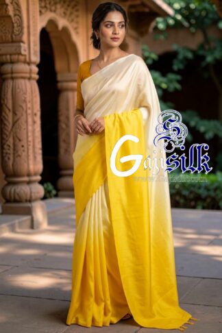 Pale Lemon Yellow Lavender Ombre Plain Saree Ultra-Lightweight in Pure Gaji Silk