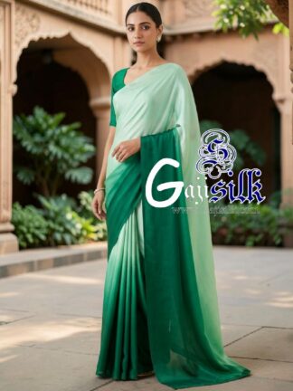 Pistachio Forest Green Ombre Plain Saree Ultra-Lightweight in Pure Gaji Silk