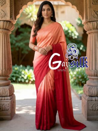 Peach Red Ombre Plain Saree Ultra-Lightweight in Pure Gaji Silk