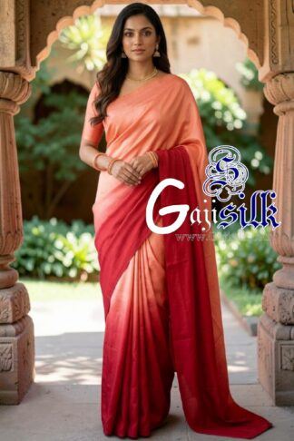 Peach Red Ombre Plain Saree Ultra-Lightweight in Pure Gaji Silk