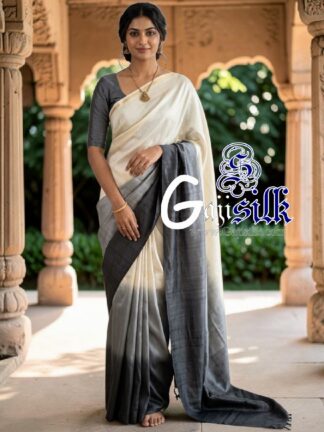 Off White Charcoal Ombre Plain Saree Ultra-Lightweight in Pure Gaji Silk