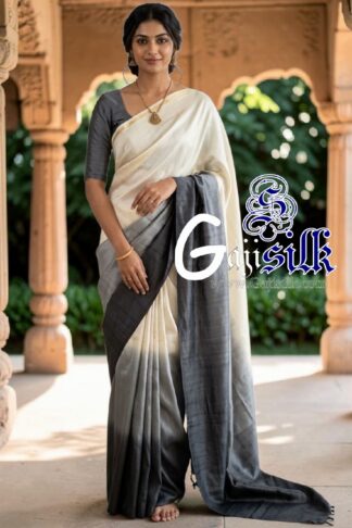 Off White Charcoal Ombre Plain Saree Ultra-Lightweight in Pure Gaji Silk