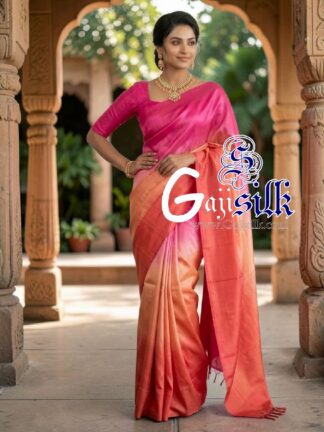 Pink Coral Orange Ombre Plain Saree Ultra-Lightweight in Pure Gaji Silk