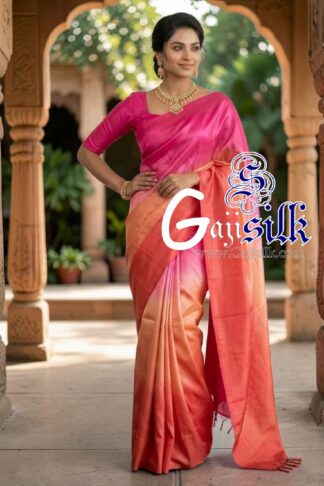 Pink Coral Orange Ombre Plain Saree Ultra-Lightweight in Pure Gaji Silk