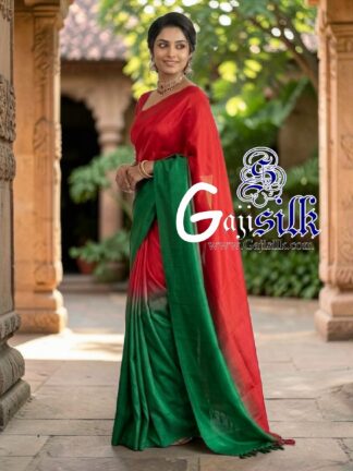 Red Green Ombre Plain Saree Ultra-Lightweight in Pure Gaji Silk