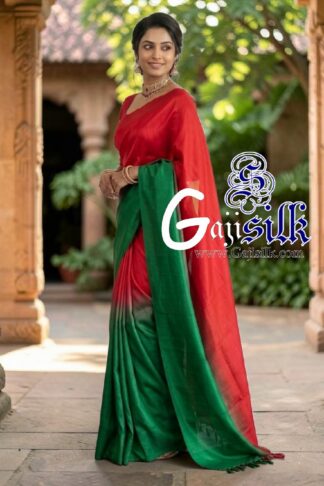 Red Green Ombre Plain Saree Ultra-Lightweight in Pure Gaji Silk