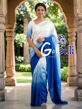 White Royal Blue Ombre Plain Saree Ultra-Lightweight in Pure Gaji Silk
