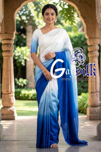 White Royal Blue Ombre Plain Saree Ultra-Lightweight in Pure Gaji Silk