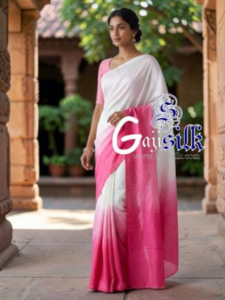 White Pink Ombre Plain Saree Ultra-Lightweight in Pure Gaji Silk