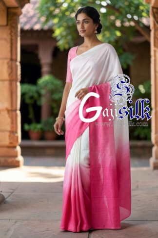 White Pink Ombre Plain Saree Ultra-Lightweight in Pure Gaji Silk