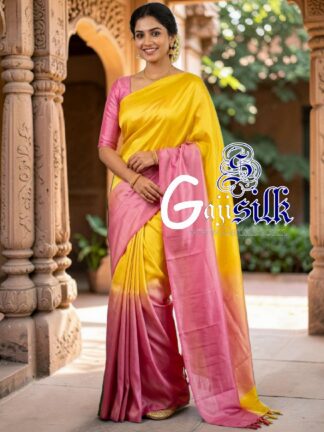 Yellow Dust Rose Ombre Plain Saree Ultra-Lightweight in Pure Gaji Silk