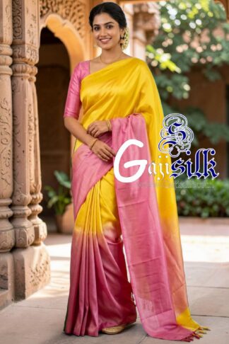 Yellow Dust Rose Ombre Plain Saree Ultra-Lightweight in Pure Gaji Silk