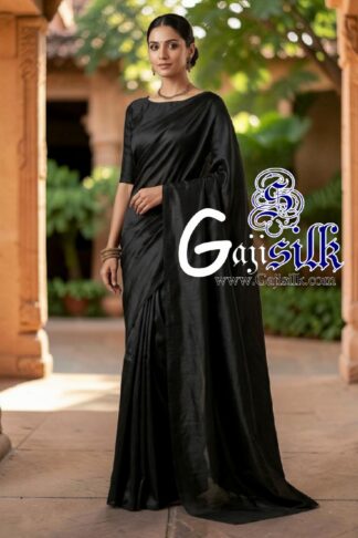 Black Single Color Plain Saree Ultra-Lightweight in Pure Gaji Silk