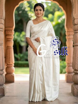 White Single Color Plain Saree Ultra-Lightweight in Pure Gaji Silk