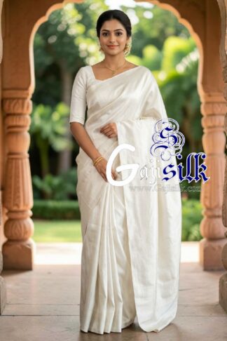 White Single Color Plain Saree Ultra-Lightweight in Pure Gaji Silk